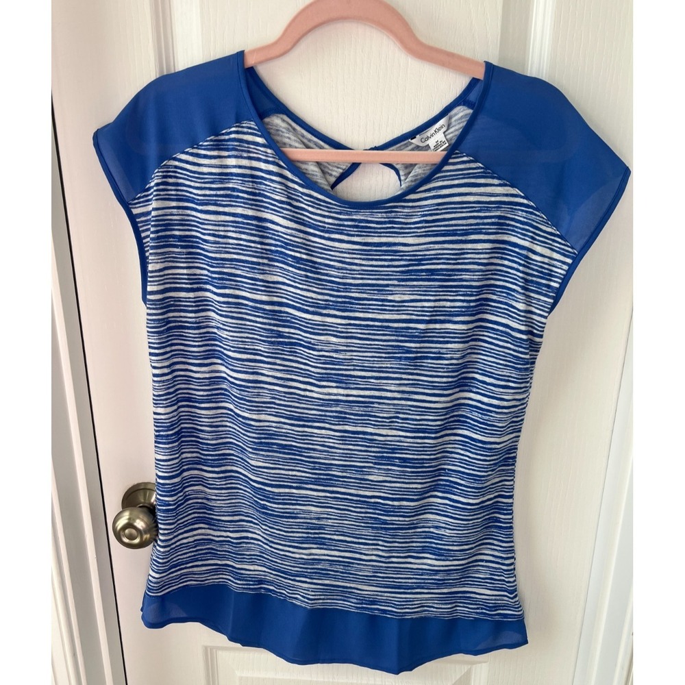 Calvin Klein Womens Top Blue White Short Cap Sleeve Linen Beachy‎ Size M